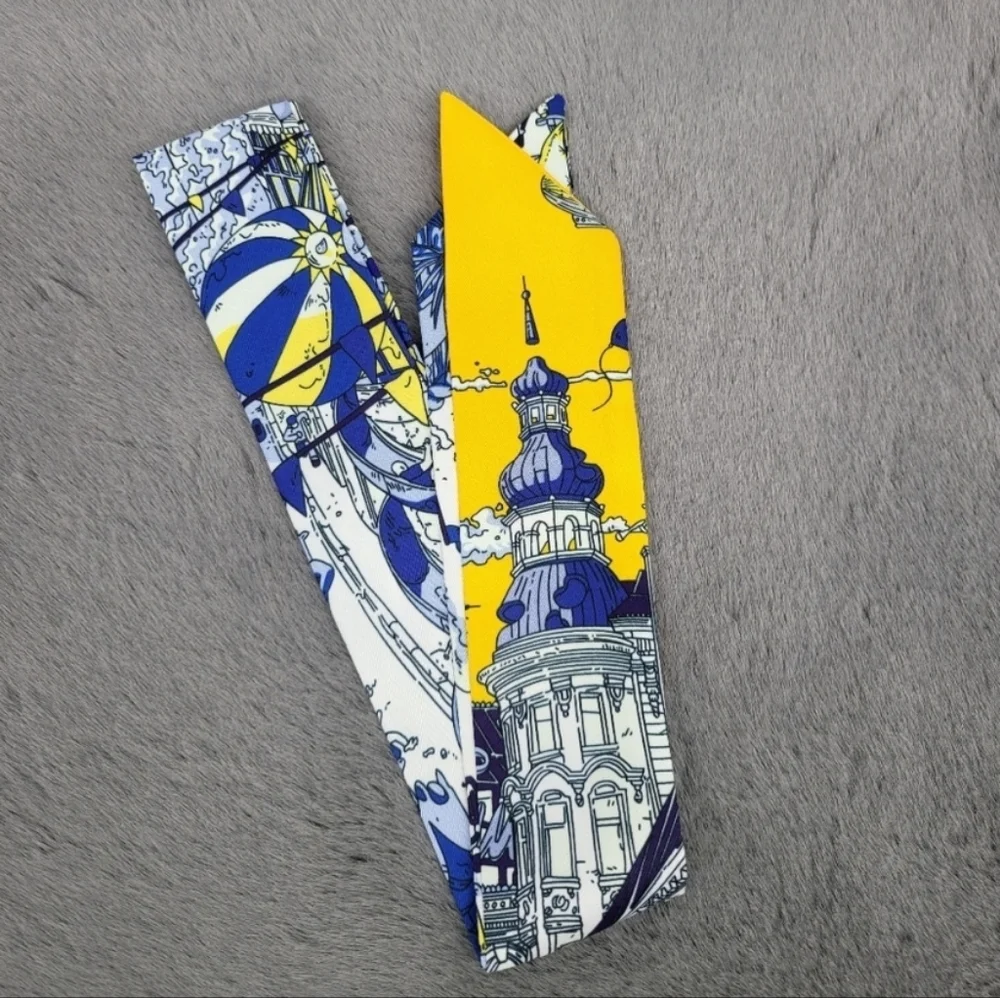 New Tower Print Silk Skinny Scarf Twilly - Picture 3 of 6